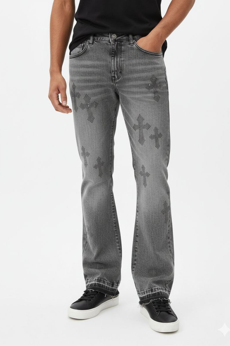 jeans flared croci e brillantini