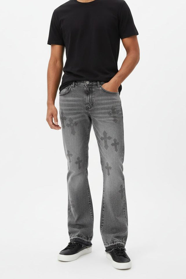 jeans flared croci e brillantini